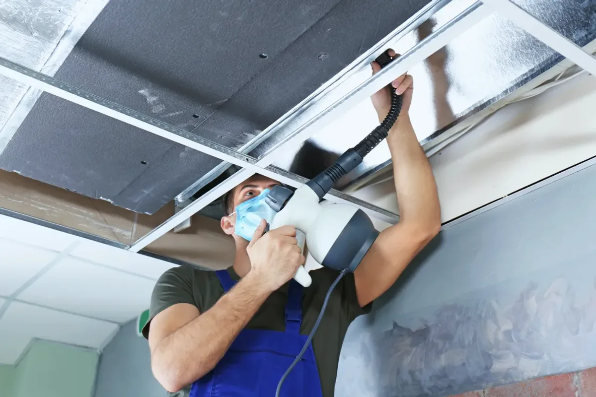 Worker in a mask cleaning a ceiling air duct with a handheld tool