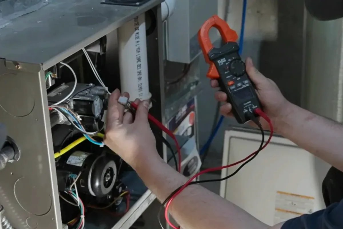 Technician testing a furnace's wiring with a clamp meter